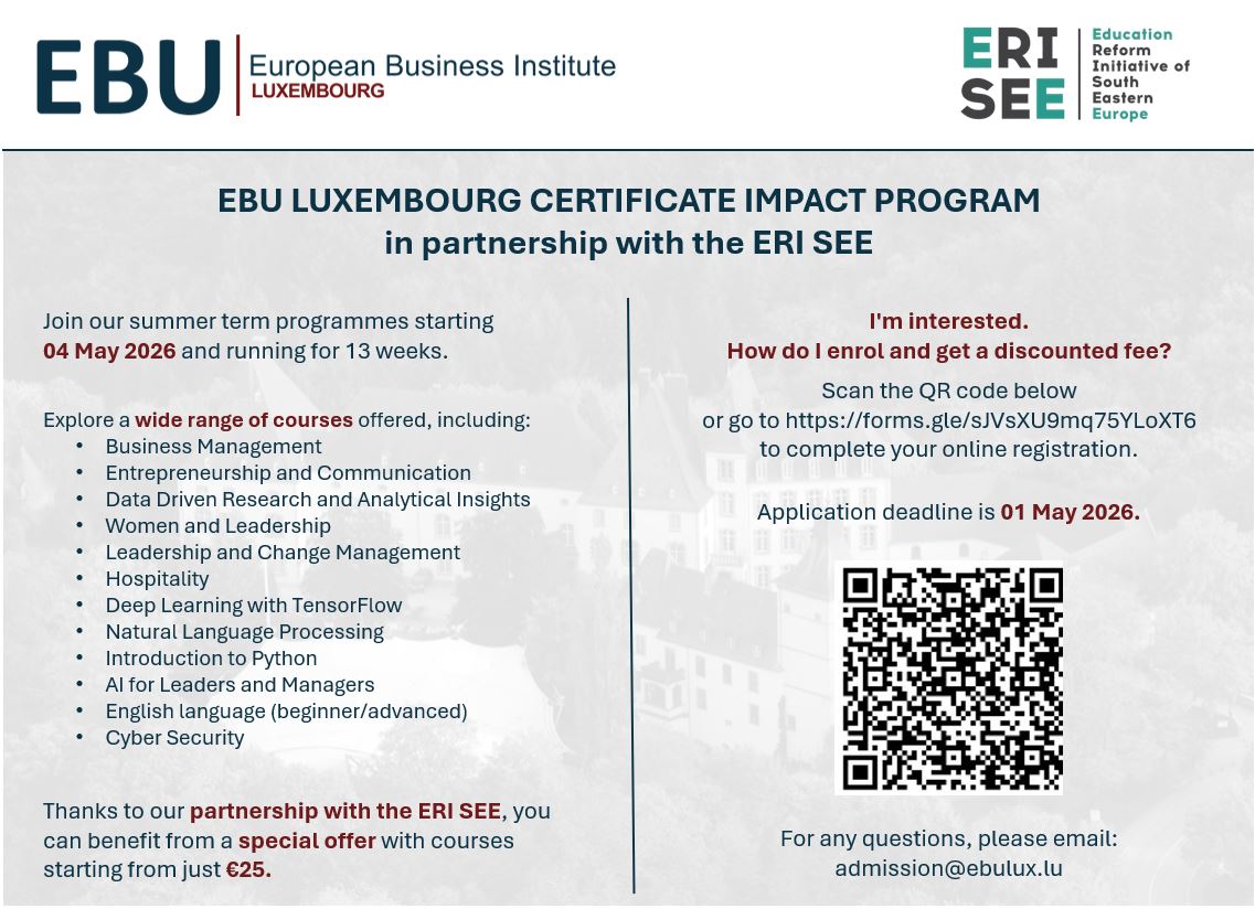 European Business University (EBU) Scholarship Program In Cooperation With The ERI SEE Secretariat