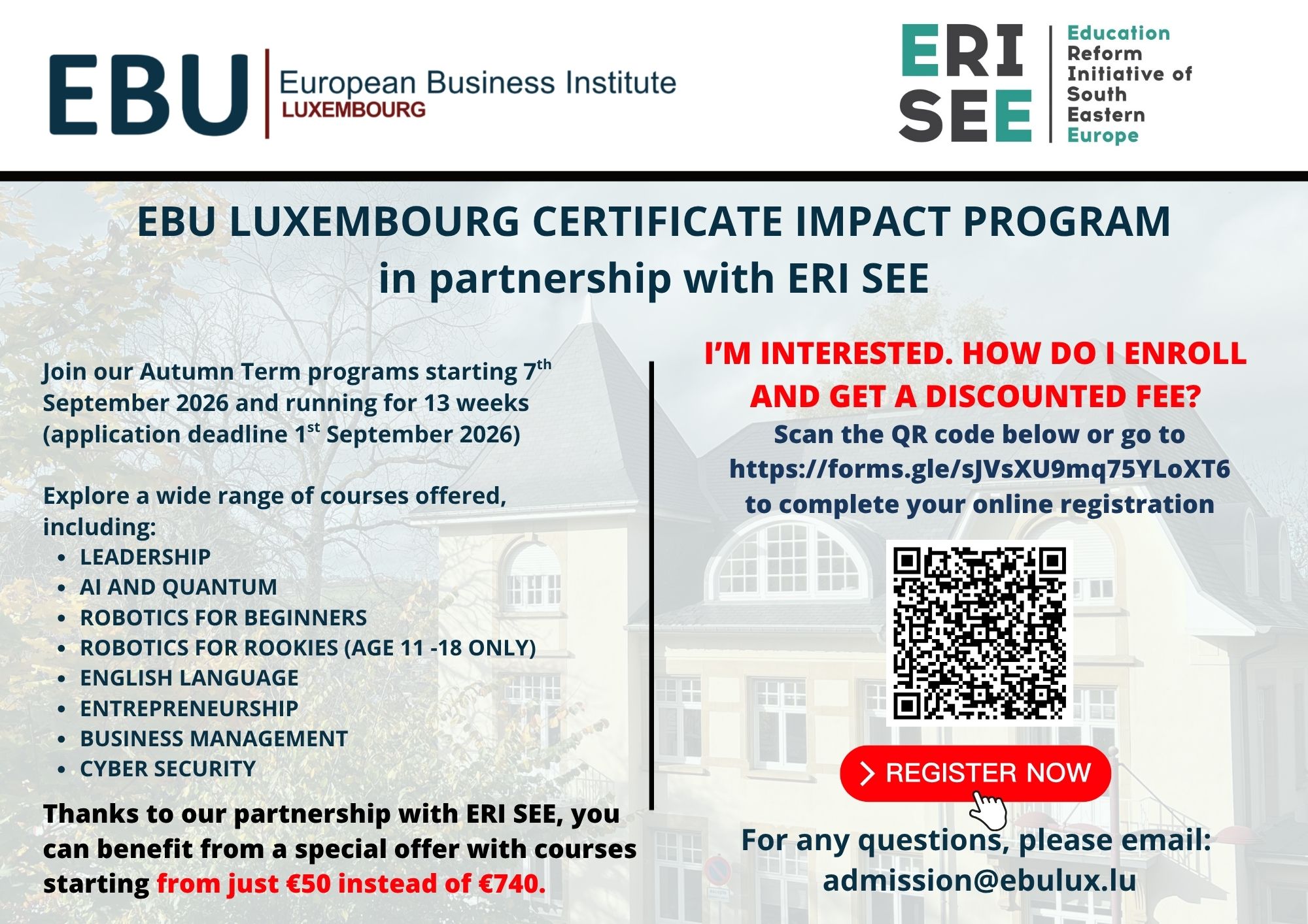 European Business University (EBU) Scholarship Program In Cooperation With The ERI SEE Secretariat